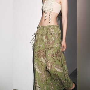 ZARA Green Printed Maxi Skirt w Metallic Thread, Pattern, side drawstrings L NWT